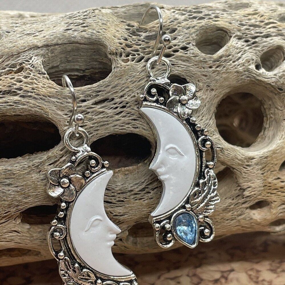 Celestial Moon Stars Blue Rhinestones Fancy Earrings Southwest Western Bohemian - Picture 3 of 6